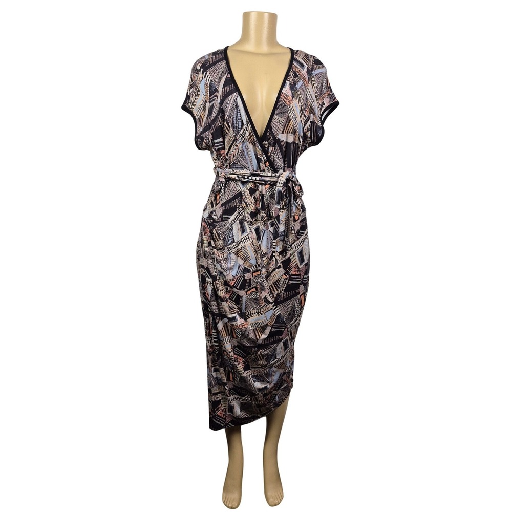Peruvian Connection Geometric Print Faux Wrap Midi Dress XL Black Tan Blue